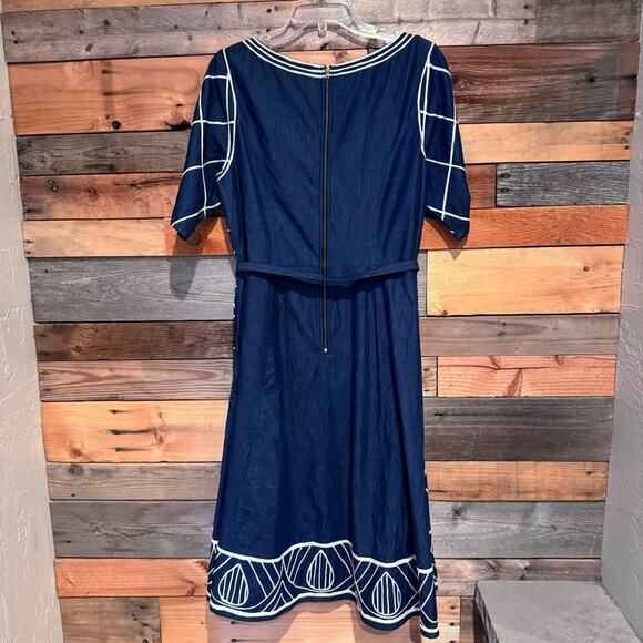 eShakti Embellished Cotton Chambray Belted Short Sleeve Midi Dress Modest Dressy - Picture 9 of 14